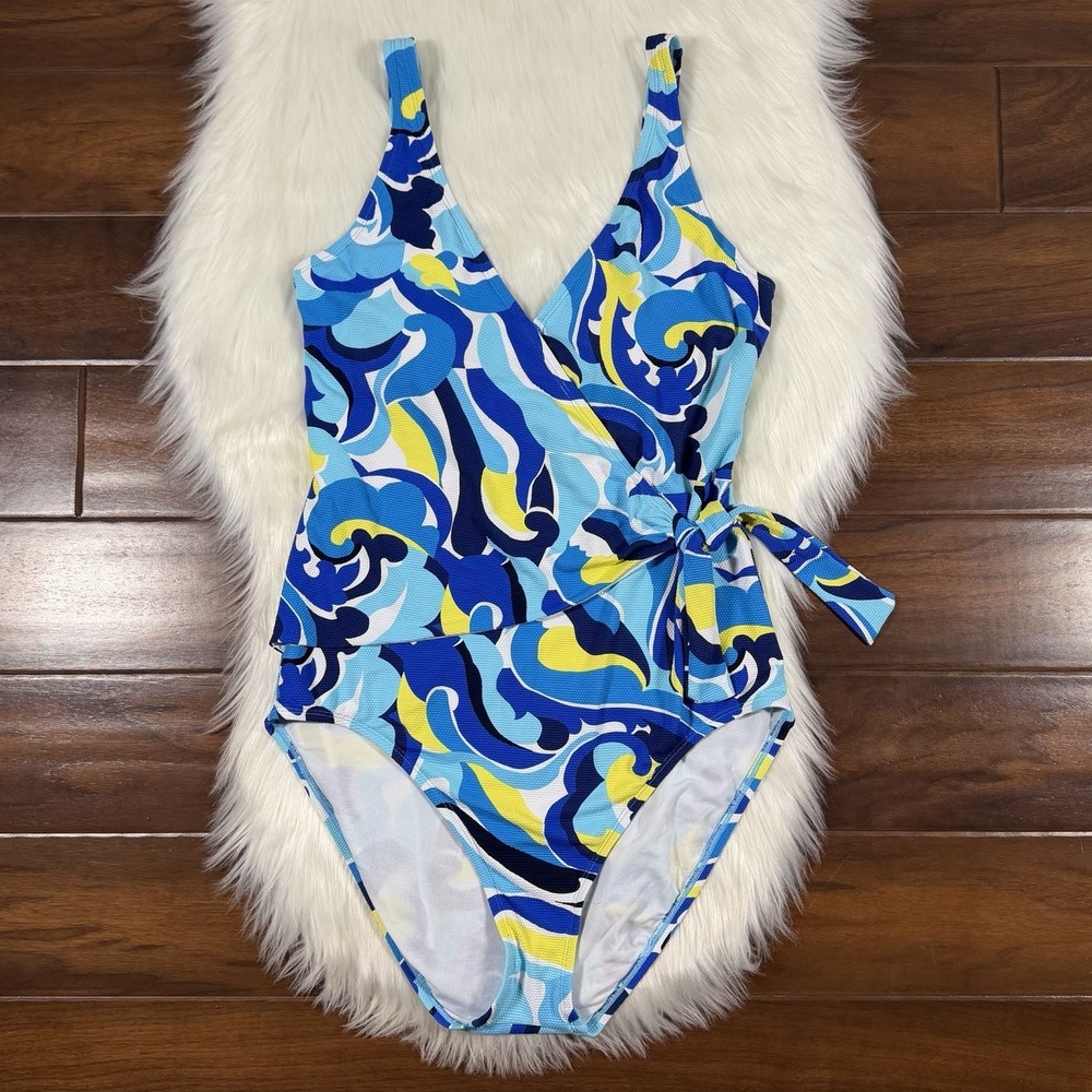 Tommy Bahama‎ Size 16 Blue Pique Colada Wrap Tie Front One Piece Swimsuit
